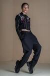 Buy_Anurag Gupta_Black Banana Crepe Printed Floral High Collar Bomber Jacket And Pant Set  