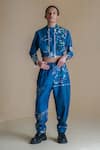 Buy_Anurag Gupta_Blue Dola Silk Printed High Evolution Double Zip Jacket And Pant Set  _at_Aza_Fashions