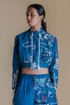 Shop_Anurag Gupta_Blue Dola Silk Printed High Evolution Double Zip Jacket And Pant Set  _Online_at_Aza_Fashions