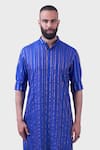 Raghavendra Rathore Jodhpur_Blue Silk Embroidered Striped The Ultraviolet Zari Work Kurta _Online_at_Aza_Fashions