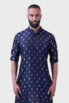 Raghavendra Rathore Jodhpur_Blue Silk Embroidery The Midnight Pintucked Kurta _Online_at_Aza_Fashions