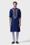 Raghavendra Rathore Jodhpur_Blue Silk Embroidery The Bageecha Placket Kurta _Online_at_Aza_Fashions