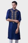 Shop_Raghavendra Rathore Jodhpur_Blue Silk Embroidery The Bageecha Placket Kurta _Online_at_Aza_Fashions