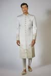 Buy_RNG Safawala_White Raw Silk Embroidery Thread Work Sherwani Set _at_Aza_Fashions