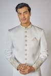 RNG Safawala_White Raw Silk Embroidery Thread Work Sherwani Set _Online_at_Aza_Fashions