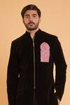 Siddartha Tytler Black Velvet, Silk Embroidery Crest Sherwani With Flared Pant Online at Aza Fashions Siddartha Tytler_Black Velvet, Silk Embroidery Crest Sherwani With Flared Pant _Online_at_Aza_Fashions