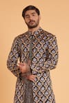 Siddartha Tytler_Black Silk, Lycra, Satin Chequered Lattice Embroidered Sherwani With Hakama Pant_Online_at_Aza_Fashions