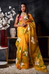 Buy_Avalipt_Yellow 100% Silk Organza Handpainted Floral Amber Blossom Saree _at_Aza_Fashions