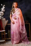 Buy_Avalipt_Pink 100% Silk Organza Handpainted Floral Breezy Bougainvillea Saree _at_Aza_Fashions