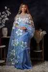 Shop_Avalipt_Blue 100% Silk Organza Handpainted Floral Day Dream Blossom Saree _at_Aza_Fashions