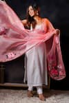 Avalipt_Pink 100% Silk Organza Handpainted Floral Gulzaar Rose Dupatta _Online_at_Aza_Fashions