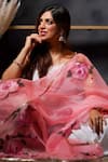 Avalipt_Pink 100% Silk Organza Handpainted Floral Gulzaar Rose Dupatta _at_Aza_Fashions