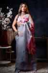 Buy_Avalipt_Grey 100% Silk Organza Handpainted Floral Kumud Lily Saree _Online_at_Aza_Fashions