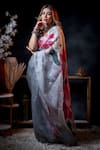 Avalipt_Grey 100% Silk Organza Handpainted Floral Kumud Lily Saree _at_Aza_Fashions