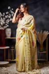 Buy_Avalipt_Yellow Silk Blend Handpainted Floral Kusum Lily Saree _at_Aza_Fashions