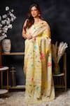 Avalipt_Yellow Silk Blend Handpainted Floral Kusum Lily Saree _at_Aza_Fashions