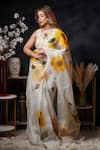 Buy_Avalipt_White 100% Silk Organza Handpainted Floral Suryamukhi Saree _at_Aza_Fashions