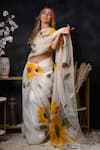 Avalipt_White 100% Silk Organza Handpainted Floral Suryamukhi Saree _Online_at_Aza_Fashions