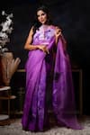 Buy_Avalipt_Purple 100% Silk Organza Handpainted Floral Lily Saree _at_Aza_Fashions