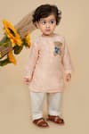 Buy_LITTLE BOYS CLOSET_Beige Cotton Silk Teddy Bear Patch Work Kurta With Pyjama _at_Aza_Fashions