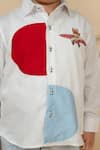 LITTLE BOYS CLOSET_Red Cotton Satin Teddy Ride Embroidery Color Block Shirt _Online_at_Aza_Fashions