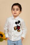 Little Boys Closet_White Cotton Satin Sequins Mickey Mouse Embroidered Shirt_Online_at_Aza_Fashions