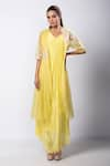 Buy_Smriti by Anju Agarwal_Yellow Dress Chinon Tafetta Embroidered Serina Asymmetric With Cutwork Cape _at_Aza_Fashions