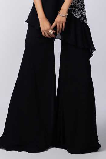 Smriti By Anju Agarwal_Black Satin, Organza, Chiffon Cut Work, Lior Floral Cutwork Jacket Pant Set _Online_at_Aza_Fashions