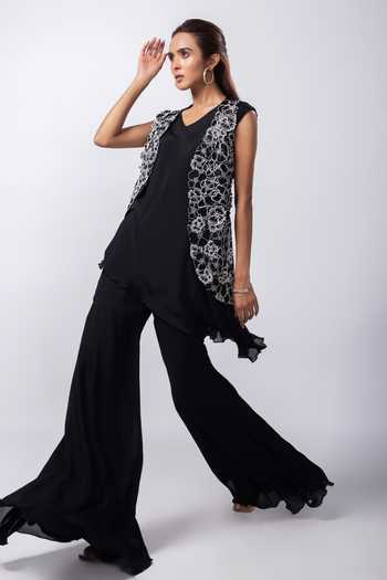 Buy_Smriti By Anju Agarwal_Black Satin, Organza, Chiffon Cut Work, Lior Floral Cutwork Jacket Pant Set _Online_at_Aza_Fashions