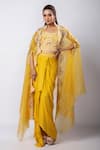 Buy_Smriti by Anju Agarwal_Yellow Blouse Silk Tafetta Embroidered Aria Cutwork Cape Draped Skirt Set _at_Aza_Fashions