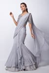 Smriti by Anju Agarwal_Grey Blouse Organza Silk Tafetta Embroidered Remi Pre-draped Lehenga Saree_Online_at_Aza_Fashions