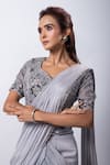 Buy_Smriti by Anju Agarwal_Grey Blouse Organza Silk Tafetta Embroidered Remi Pre-draped Lehenga Saree_Online_at_Aza_Fashions