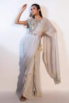 Buy_Smriti by Anju Agarwal_Grey Chinnon Satin Organza Embroidered Pearl Esme Pre-draped Saree With Blouse _at_Aza_Fashions