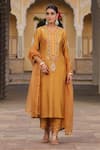 Buy_Label Niti Bothra_Yellow Silk Embroidered Pearl Round Applique Motif Kurta Pant Set _Online_at_Aza_Fashions