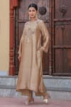 Buy_Label Niti Bothra_Beige Pure Banarasi Spun Silk Embroidered Pearl Notched Yoke Kurta And Palazzo Set _Online_at_Aza_Fashions