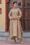 Shop_Label Niti Bothra_Beige Pure Banarasi Spun Silk Embroidered Pearl Notched Yoke Kurta And Palazzo Set _Online_at_Aza_Fashions