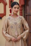 Label Niti Bothra_Beige Pure Banarasi Spun Silk Embroidered Pearl Notched Yoke Kurta And Palazzo Set _at_Aza_Fashions