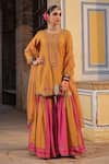 Buy_Label Niti Bothra_Yellow Silk Embroidered Pearl Notched Tikki And Work Kurta Sharara Set _at_Aza_Fashions