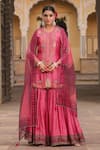 Buy_Label Niti Bothra_Pink Silk Embroidered Pearl Notched Applique Work Kurta Sharara Set _at_Aza_Fashions