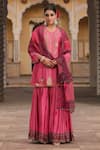 Shop_Label Niti Bothra_Pink Silk Embroidered Pearl Notched Applique Work Kurta Sharara Set _Online_at_Aza_Fashions