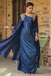 Shop_Label Niti Bothra_Blue Silk Embroidered Pearl One-shoulder Ombre Cowl Dress With Jacket _Online_at_Aza_Fashions