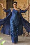 Label Niti Bothra_Blue Silk Embroidered Pearl One-shoulder Ombre Cowl Dress With Jacket _at_Aza_Fashions