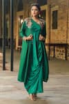 Label Niti Bothra_Green Silk Embroidered Pearl One-shoulder Cowl Dress With Jacket _Online_at_Aza_Fashions