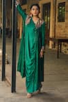 Shop_Label Niti Bothra_Green Silk Embroidered Pearl One-shoulder Cowl Dress With Jacket _Online_at_Aza_Fashions