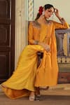 Label Niti Bothra_Yellow Silk Embroidered Pearl One-shoulder Ombre Cowl Dress With Paisley Jacket _at_Aza_Fashions