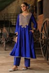 Buy_Label Niti Bothra_Blue Anarkali Pure Banarasi Spun Silk Embroidery Resham Yoke With Palazzo _at_Aza_Fashions