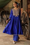 Shop_Label Niti Bothra_Blue Anarkali Pure Banarasi Spun Silk Embroidery Resham Yoke With Palazzo _Online_at_Aza_Fashions