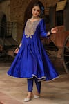 Label Niti Bothra_Blue Anarkali Pure Banarasi Spun Silk Embroidery Resham Yoke With Palazzo _at_Aza_Fashions