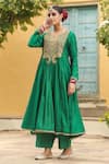 Label Niti Bothra_Green Anarkali Pure Banarasi Spun Silk Embroidery Floral Yoke With Palazzo _at_Aza_Fashions