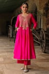 Label Niti Bothra_Pink Anarkali Pure Banarasi Spun Silk Embroidery Flower Yoke With Palazzo _at_Aza_Fashions